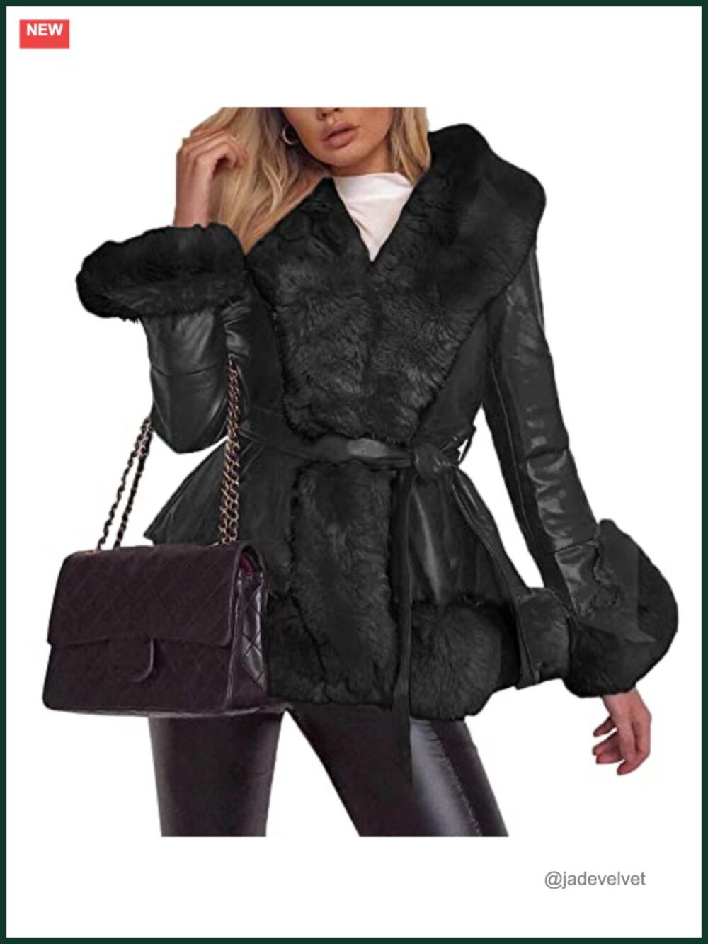 Faux Leather Parka Coat with Fur Collar Belted Winter Outerwear
